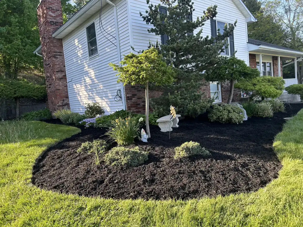 Fresh mulch bed with new plantings installed by All American Lawn and Landscape