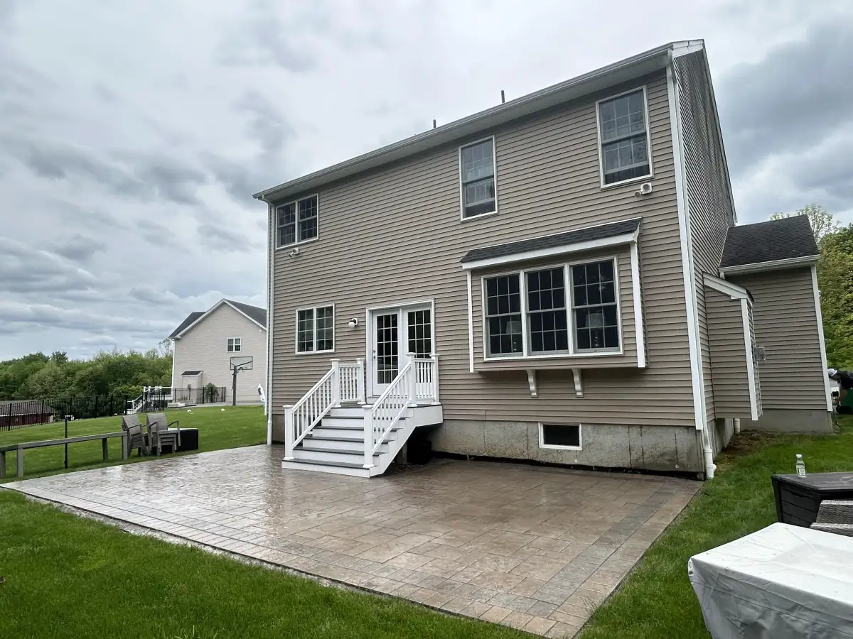 Wide view of stamped concrete patio installation
